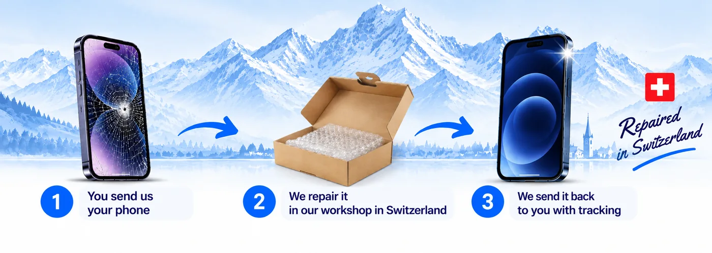 1. You send us your phone, 2. we repair it in our workshop in Switzerland, 3. we send it back to you with tracking